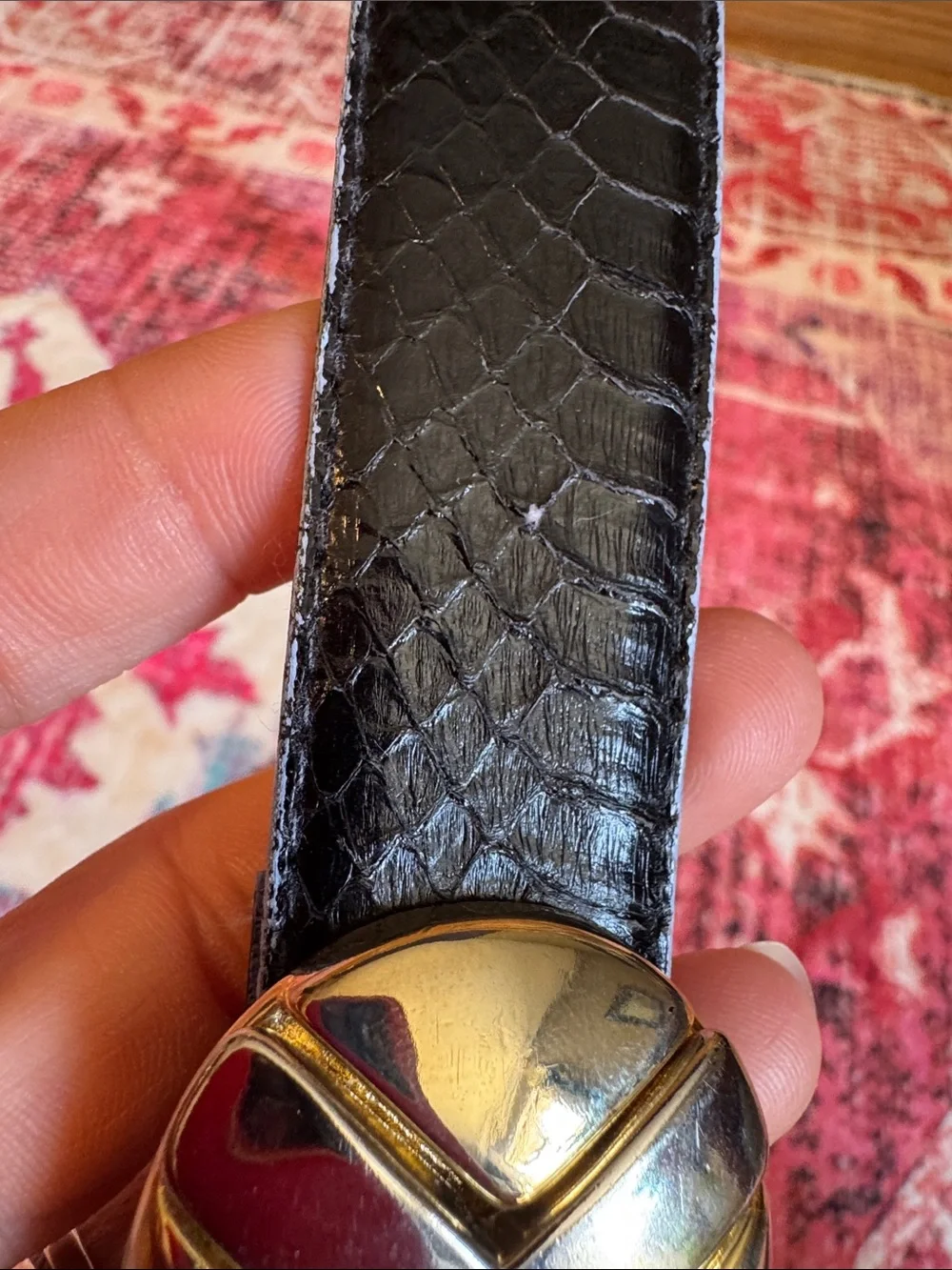 Black Snakeskin Leather Waist Belt with Gold Bow Accent